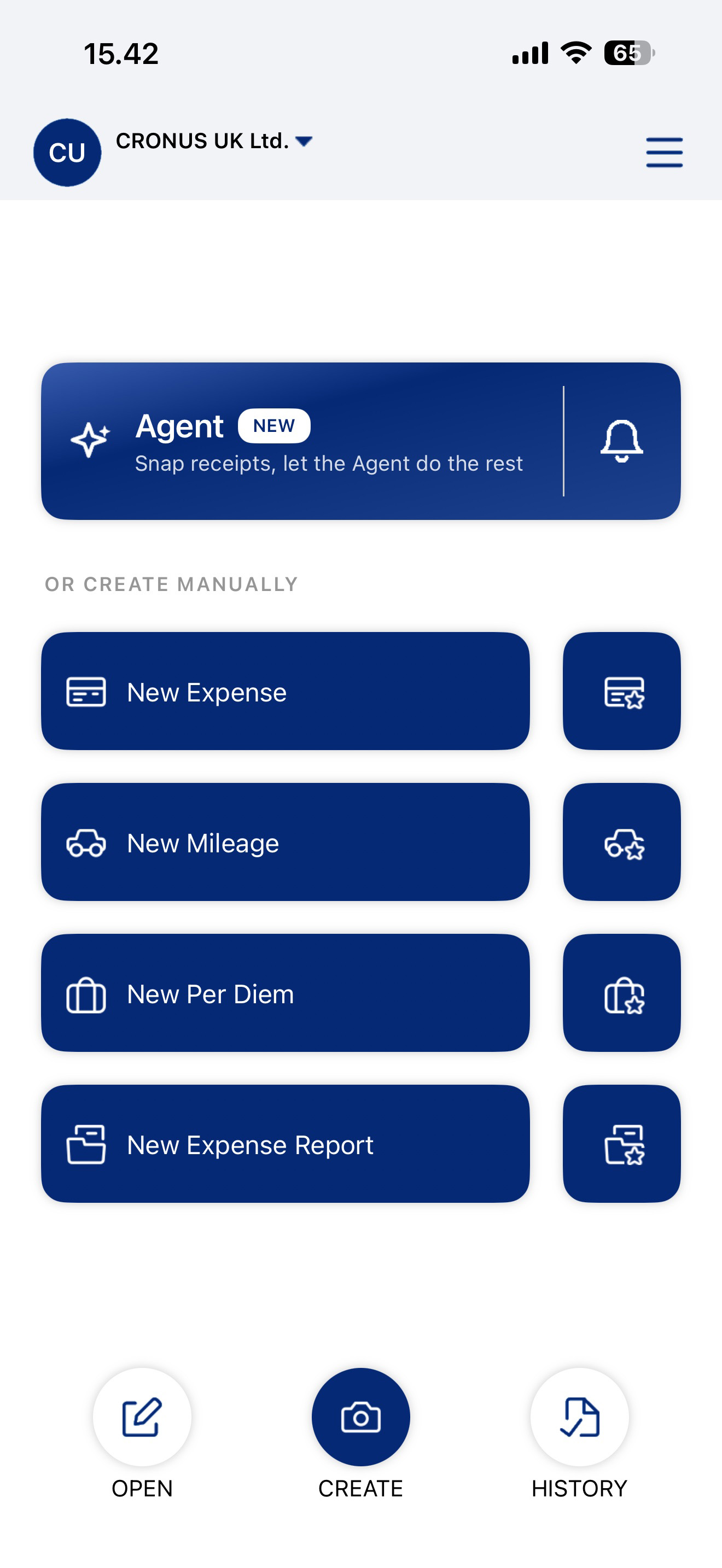 The Expense mobile app home screen, showing the AI Agent banner with the prompt to snap receipts, and quick actions for New Expense, New Mileage, New Per Diem and New Expense Report.